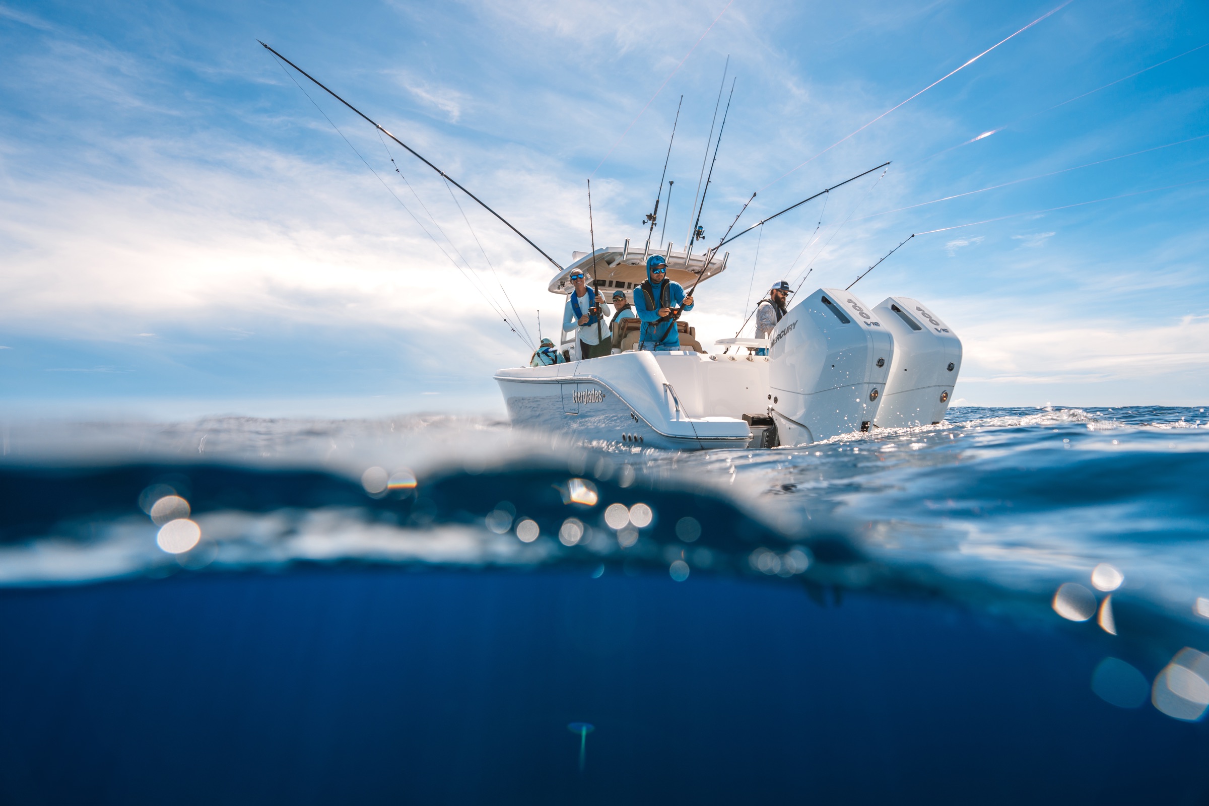 Everglades Boats offshore fishing campaign photographed over and under the water by Slater Productions